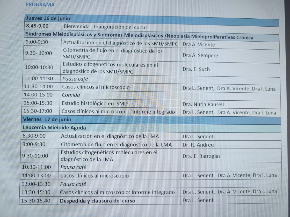 HematoLaFe's tweet photo. 📌Entre los días 16 y 17 de junio se está celebrando en @IISLaFe el "Curso práctico en el diagnóstico de las LMA y SMD" dirigido por la Dra. Leonor Senent, la Dra. Irene Luna y la Dra. Ana Vicente @HospitalLaFe  @GHematologica  @cito_tuiter https://t.co/Hnhzic2Ezk