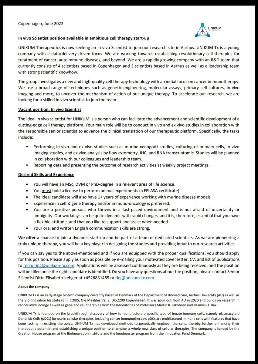 kasperMoelgaard's tweet photo. We are seeking an #InVivo scientist to join our #UnikumTx research team in #Aarhus. Be part of a young #biotech company focusing on cell #therapies for #cancer and #autoimmune diseases. #pDC @BioCPH @AarhusUni https://t.co/Q14Hryk0Sz