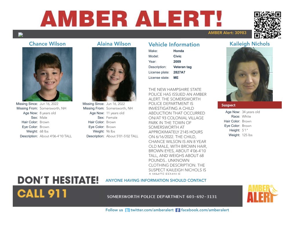 New Hampshire has issued an AMBER Alert for a child abduction that occurred 9:45 PM at 93 Colonial Village Park in Somersworth. Pls see attached poster for victim, suspect &amp; vehicle info. If you see them or the vehicle, or have any info about them, please call 911 immediately.