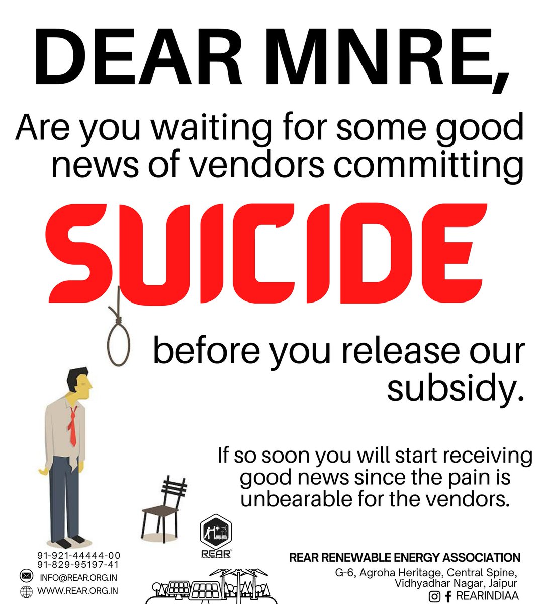 rearindiaa's tweet photo. We request #MNRE to at least release the amount which you earn as an interest due to delay in subsidy disbursement so that vendors could purchase #POISON &amp; commit #SUICIDE @PMOIndia @narendramodi
@ankittiwadi @ANI
@mnreindia @JeevanKumarJet1 @RajKSinghIndia @OfficeOfRKSingh https://t.co/yNADB1ZIgp