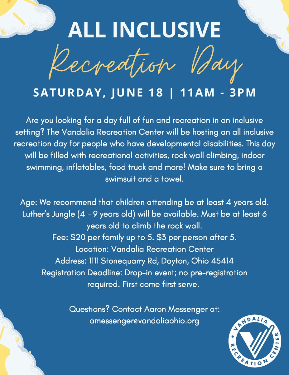 All-inclusive Recreation Day, Saturday, June 18, 11 a.m. – 3 p.m. Vandalia Recreation Center, 1111 Stonequarry Rd, Dayton $20 per family up to 5 for people with DD. Climb the rock wall, swim, inflatables, and more! Ages 4 and up. #TOGETHER