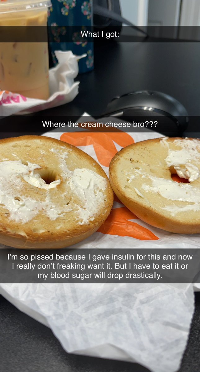 KirainaAleasa's tweet photo. I ordered a bagel with cream cheese…this is what I got. I’m mad. Cause I gave insulin for this but now I don’t want to eat it. Do better @dunkindonuts https://t.co/pwZdJuDOGG
