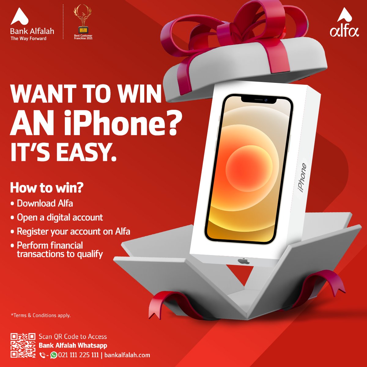 AlfabyBAFL's tweet photo. Want to win big? Follow these easy steps to win an iPhone:
-Download Alfa
-Open a digital account
-Register your account on Alfa
-Perform financial transactions to qualify

#BankAlfalah #Rapid #Iphone https://t.co/uDwmA8JENI