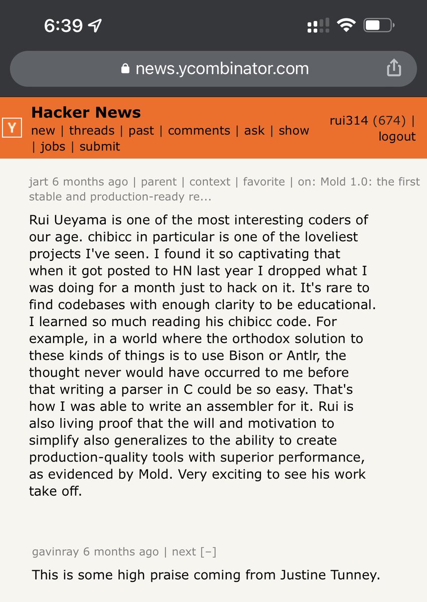 rui314's tweet photo. これはHacker Newsで一番嬉しかったコメント。僕が我々の世代で最も興味深いコーダーの一人とは過分な褒め言葉ではないか？ しかもこれスーパーハカー（https://t.co/kETsW1fKsBの中の人）からのコメントなのよね。 https://t.co/GLKgieIvBi