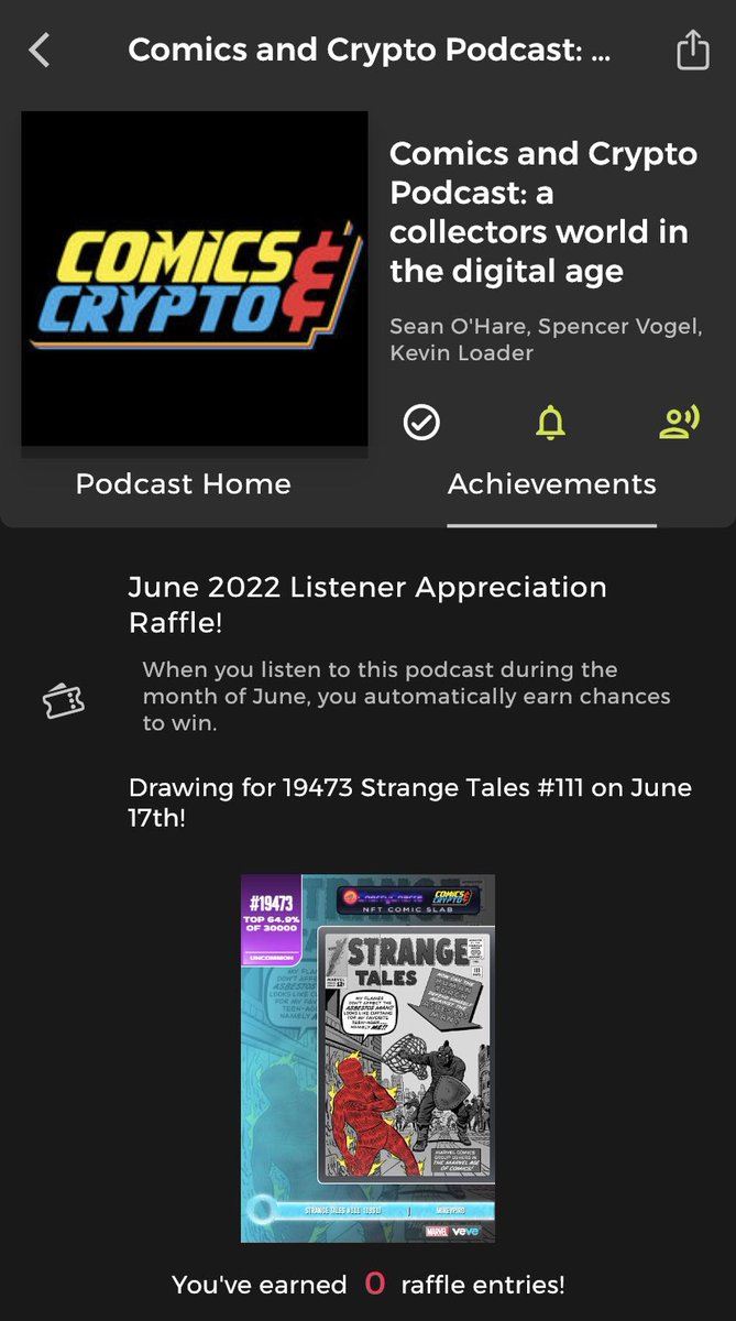Gm! Get your final entries in for our raffle with <a href="/ComicsandCrypto/">Comics & Crypto l $COLLECT</a> before we pull a winner for Strange Tales #111 

All you have to do is listen to their podcast on 2Cents. It’s really that easy…

Good luck! 💥