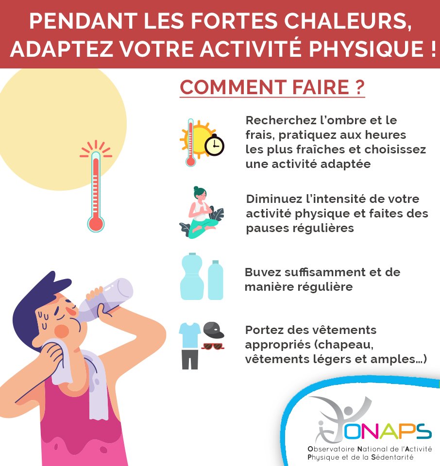 [Pic de chaleur : je limite mon activité physique !]🥵

En cette période de canicule, nous vous invitons à limiter vos activités physiques et sportives.
Cependant, si vous devez faire une activité physique ou sportive, il est indispensable de l'adapter pour préserver votre santé