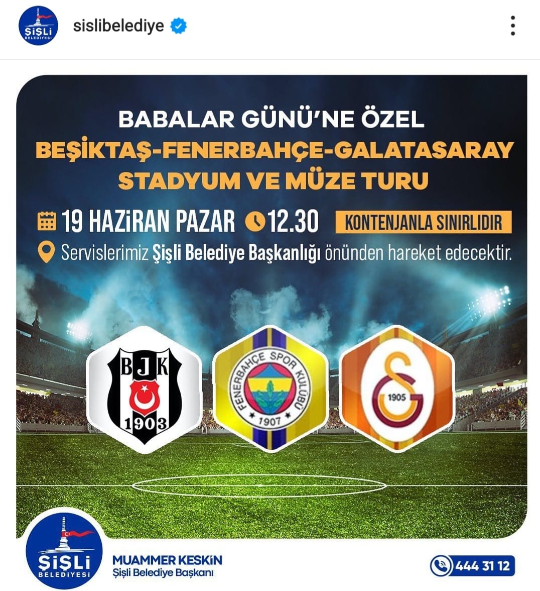 #ŞişliBelediyesi nin Babalar Gününe  Özel   düzenlemiş olduğu 19 Haziran  tarihli  Stadyum ve Müze  Turunda Şişli'de oturan üyelerimiz 4443112 numaralı telefondan rezervasyon yaptırabilirler.
Ş. Belediyesine yapmış oldukları organizasyon için tebrik ederiz

Mustafa KAHYA
Başkan