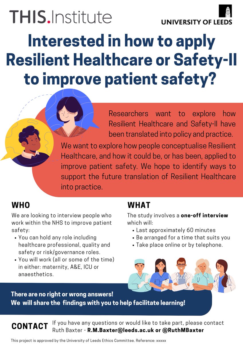 Ruth Baxter (@ruthmbaxter) on Twitter photo 📢Are you: Interested in Safety-II or Resilient Healthcare? Involved in improving safety in maternity, A&E, ICU or anaesthetics?
I'd love to interview you to explore how Safety-II / RHC is translated into practice!
Please see poster & contact r.m.baxter@leeds.ac.uk for info 📢Are you: Interested in Safety-II or Resilient Healthcare? Involved in improving safety in maternity, A&E, ICU or anaesthetics?
I'd love to interview you to explore how Safety-II / RHC is translated into practice!
Please see poster & contact r.m.baxter@leeds.ac.uk for info