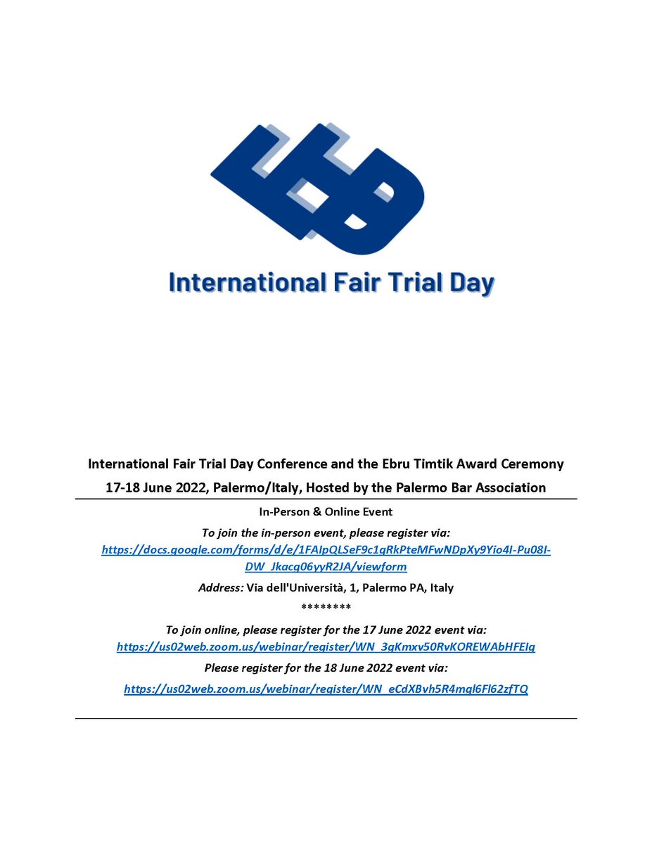 FairTrialDay's tweet photo. 2022 International Fair Trial Day and Ebru Timtik Award event is starting today (in person #Palermo &amp; online). Prominent speakers on Egypt, this year's focus country, includes Prof Philippa Webb, @MahienourE @BaheyHassan @HelenaKennedyQC @Said_Benarbia_  
Please register via👇 https://t.co/IML2jrGOv6