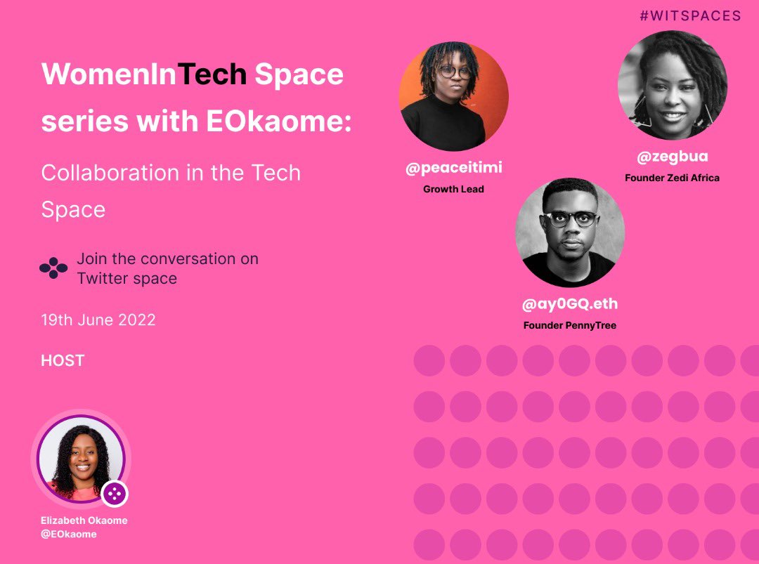 EOkaome's tweet photo. During the last #WITspacewithEOkaome there were many questions around collaboration in the tech space. Join me on Sunday with @peaceitimi @zegbua and @ay0geeq to discuss this and explain how this works. 
#womenintech 🚀🚀
Set your reminder now 📌 https://t.co/lux6mDw5xP