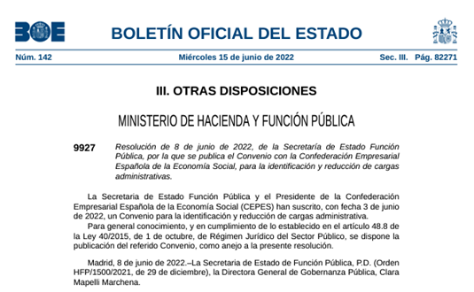 CEPES2's tweet photo. #BuenasNoticias 👏 Resolución de 8 de junio de 2022, de la Secretaría de Estado Función Pública (@Haciendagob), por la que se publica el Convenio con @CEPES2, para la identificación y reducción de cargas administrativas en la #EconomíaSocial.

https://t.co/oBNJJbjB2q https://t.co/vMNaymWRII