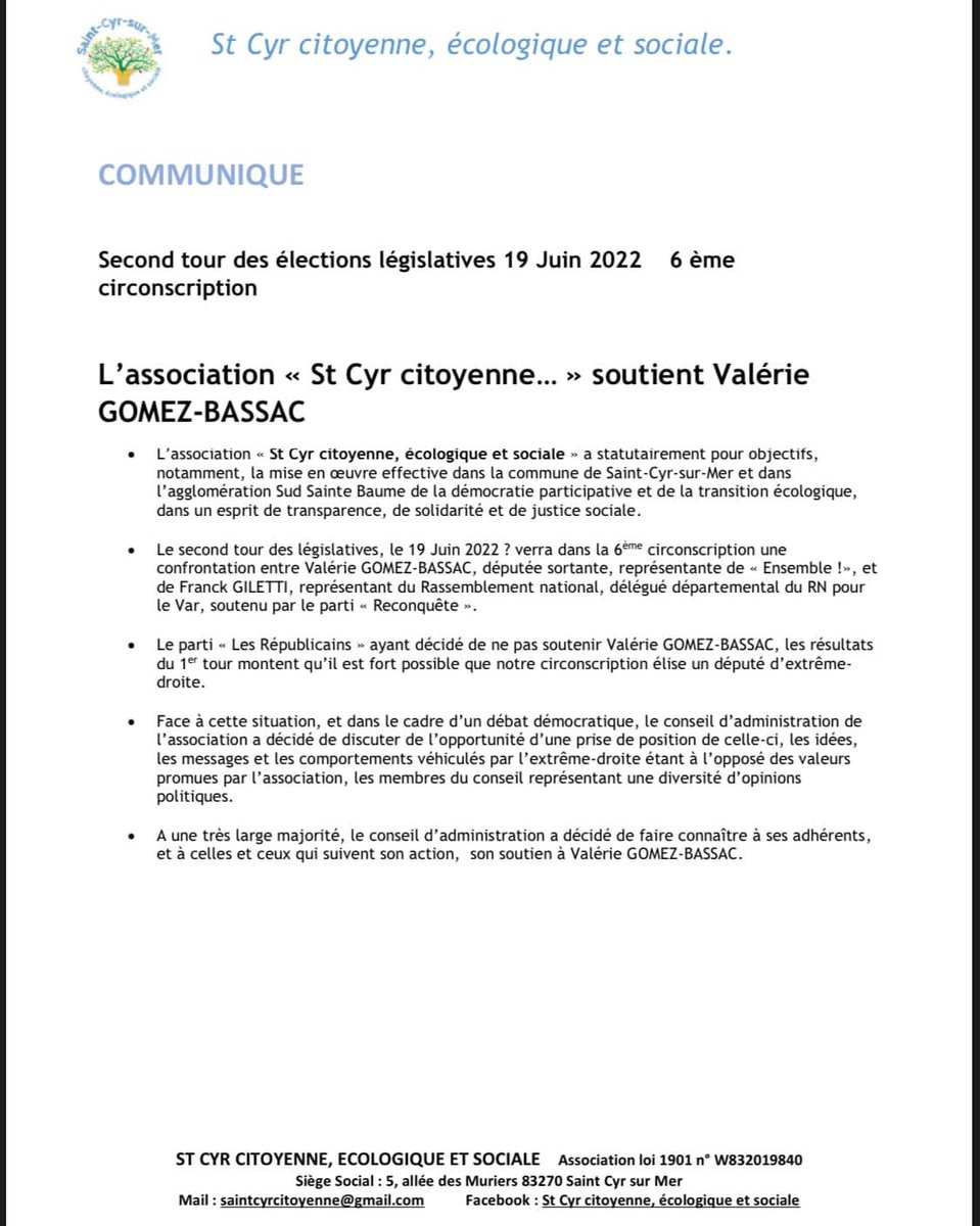 Je tiens à remercier l’association St Cyr citoyenne, écologique et sociale  d’avoir fait le choix de me soutenir ouvertement ! #stcyrsurmer #AvecVous