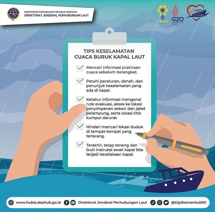 #KawanLaut, sebelum melakukan perjalanan dengan moda transportasi laut pastikan dulu untuk memperhatikan beberapa hal penting terkait kondisi cuaca ya.

Cuss di cek tipsnya ya, Kawan Laut!

<a href="/budikaryas/">Budi Karya Sumadi</a> <a href="/kemenhub151/">Kemenhub RI</a> <a href="/djplkemenhub151/">DJPL Kemenhub 151</a> 

#DJPLKerjaDenganHati #SMRTHublaPastinya