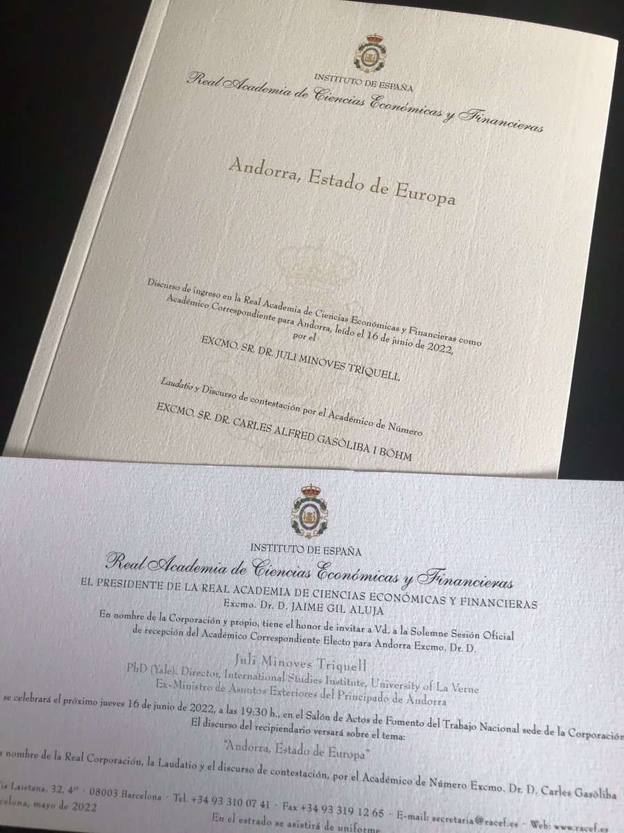 JuliMinoves's tweet photo. Yesterday evening in a moving ceremony I was elected member of the @RACEFesp of the Institute of Spain. The work on which I based my speech “Andorra, State of Europe” has been published by the Royal Academy. @liberalinternat @ALDEParty @GovernAndorra @AlderdiceLord @KH_Paque https://t.co/Nm7r26UeZv