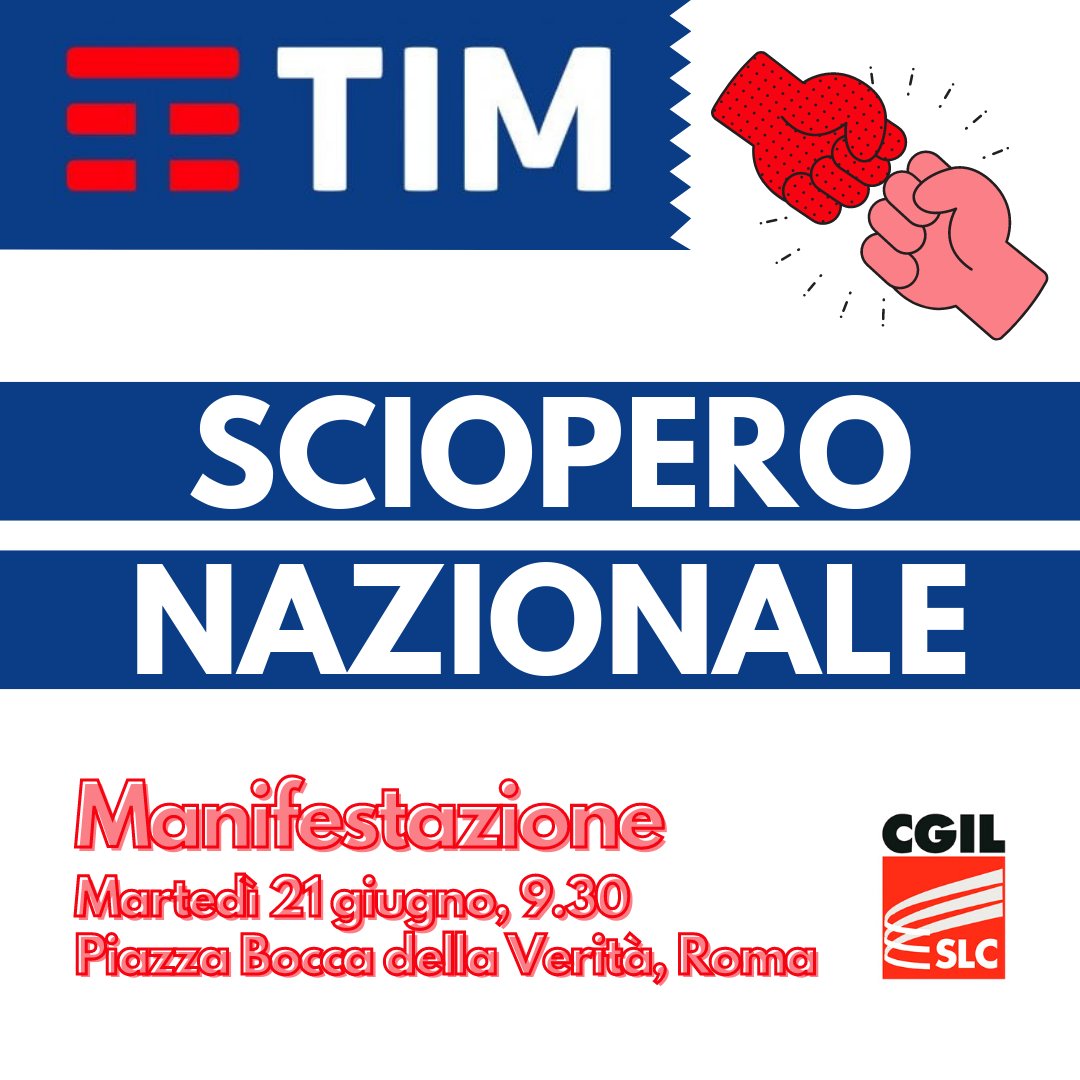 SlcCgil's tweet photo. 🟥 80 mila posti di lavoro e uno dei settori più strategici per il Paese: ecco ciò che difenderemo il 21 giugno, in occasione dello sciopero nazionale del Gruppo @TIM_Official proclamato da Slc Cgil, Fistel Cisl, Uilcom Uil 👉 https://t.co/iofIgoUYU5
#unicacometim #nospezzatim https://t.co/Bsy7tZtE7V