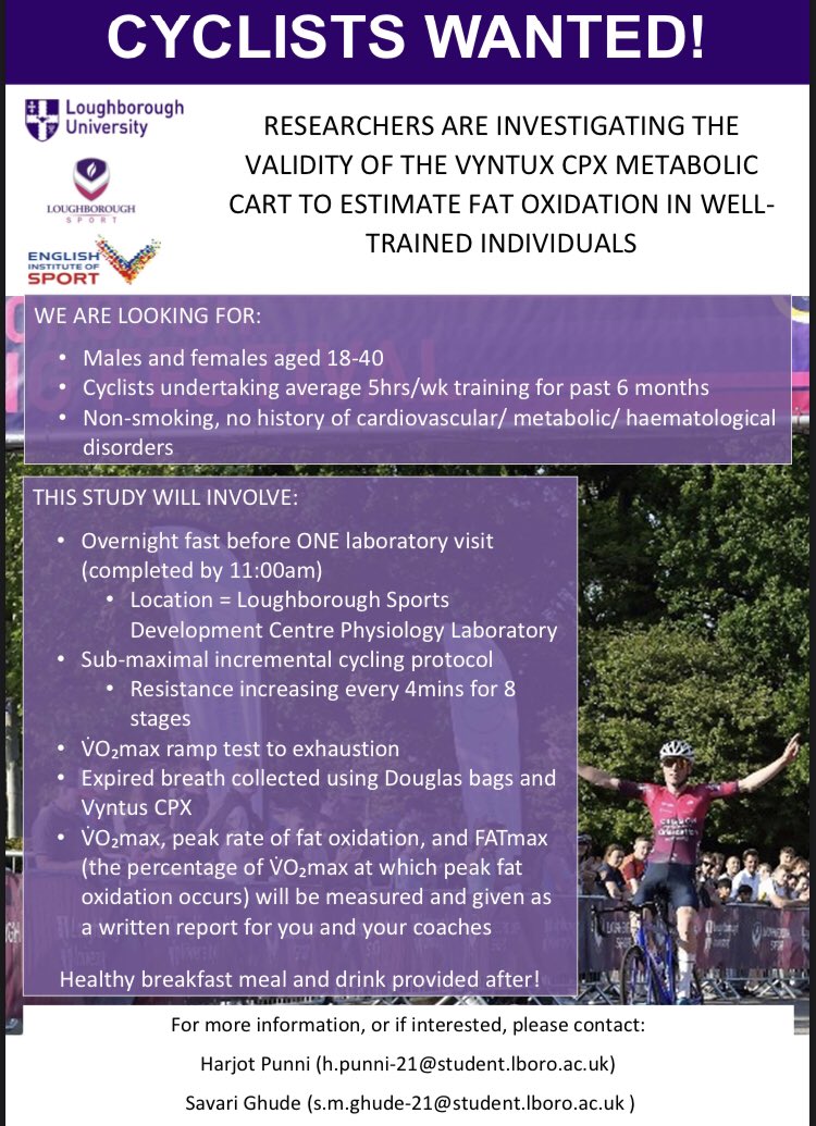 Interested in knowing your VO2max and Fuel Utilisation? Come and be part of research in our @Lborosport x  @eis2win lab.

<a href="/Lboro_Cycling/">Loughborough Cycling Academy</a> <a href="/LightningCycle/">Lightning Cycling</a>