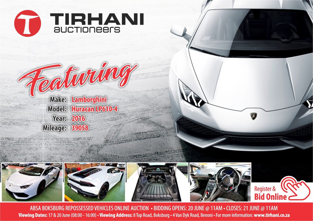 SAPAA_SA's tweet photo. Tirhani Auctioneers’s Absa Repossessed Vehicle Online Auction is selling this stunning Lamborghini Huracan LP610-4 with just only 39 058km.
Visit their website at https://t.co/lrk6IzbX7n to register and bid on the auction.
@TirhaniAuctions
#SAPAA https://t.co/Xo9FGGZyN2