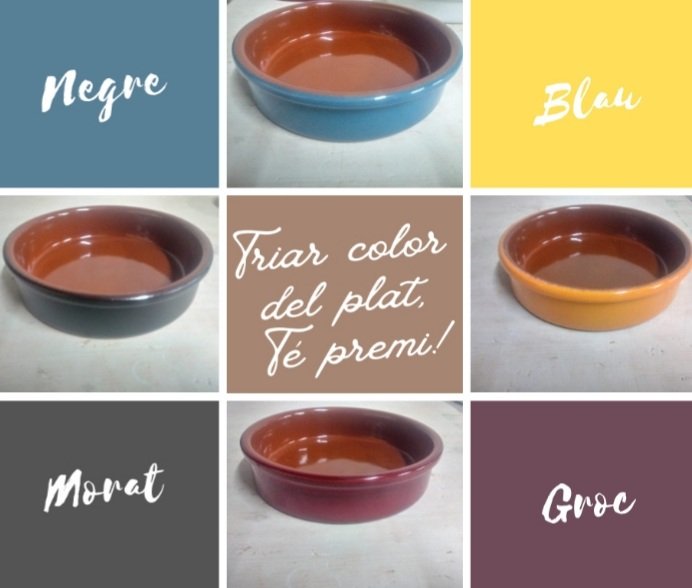 Ens ajudeu a triar el color del plat d' enguany?
Teniu temps de dir-hi la vostra fins dijous 22 a les 20:00.
Entre tots els participants sortejarem un lot de vi i cava.
Salut i festa major!