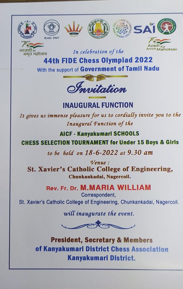 jarulking's tweet photo. St. Xavier's Catholic College of Engineering
AICF - Kanyakumari Schools
44th FIDE Chess Olympiad 2022
With the support of Government of Tamil Nadu
Kanyakumari District Chess Association
on 18/06/2022 at 9.30am
#sxcce #Chess #chessolympiad #kanyakumari #school #college #University https://t.co/erZ5lwzNnE