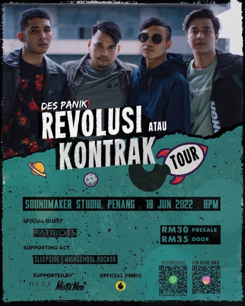 Jenn_Thompson's tweet photo. #ONGROUND LIVE: @DesPanikBand's "REVOLUSI ATAU KONTRAK" TOUR
SpecialGuests : @PatriotsMY
Supporting: @SleepSideBand @hschoolrocker
at #SoundmakerStudio, 18 Lebuh Bishop #GeorgeTown #PENANG
SATURDAY June18 8pm
TICKETS : QR on poster https://t.co/tw3MikIDPN