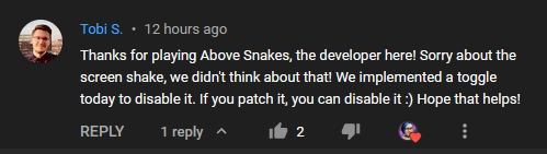 2DKiri's tweet photo. During the #SteamNextFest, I played lots of demos w/ screen shake or other features which make it difficult/impossible to play w/ simulation sickness. @goldenaxebremen listened to feedback and immediately added an option to turn screen shake off for #AboveSnakes. Thank you 🙏 https://t.co/aUpyiCbt6u