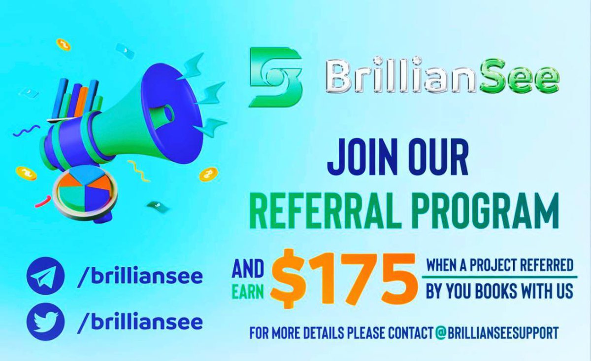 𝘽𝙧𝙞𝙡𝙡𝙞𝙖𝙣𝙎𝙚𝙚 𝙍𝙚𝙛𝙚𝙧𝙧𝙖𝙡 𝙀𝙫𝙚𝙣𝙩!

BrillianSee is proud to announce our 𝙉𝙀𝙒 and 𝗹𝗶𝗺𝗶𝘁𝗲𝗱 𝘁𝗶𝗺𝗲 𝗽𝗿𝗼𝗺𝗼𝘁𝗶𝗼𝗻! 

if the project books an AMA Brilliansee the one that referred it over will receive the $175

Please book your AMA @brillianseesupport