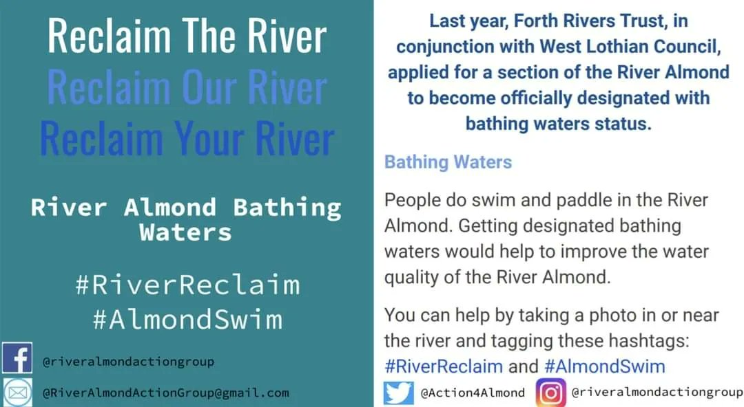 Action4Almond's tweet photo. Despite the Bathing Waters application being unsuccessful for 2021, you can still help support efforts to clean up the #RiverAlmond by taking photos in and near the river and tagging in the following hashtags: #RiverReclaim &amp; #AlmondSwim 
E: riveralmondactiongroup@gmail.com https://t.co/alTvsORtvW