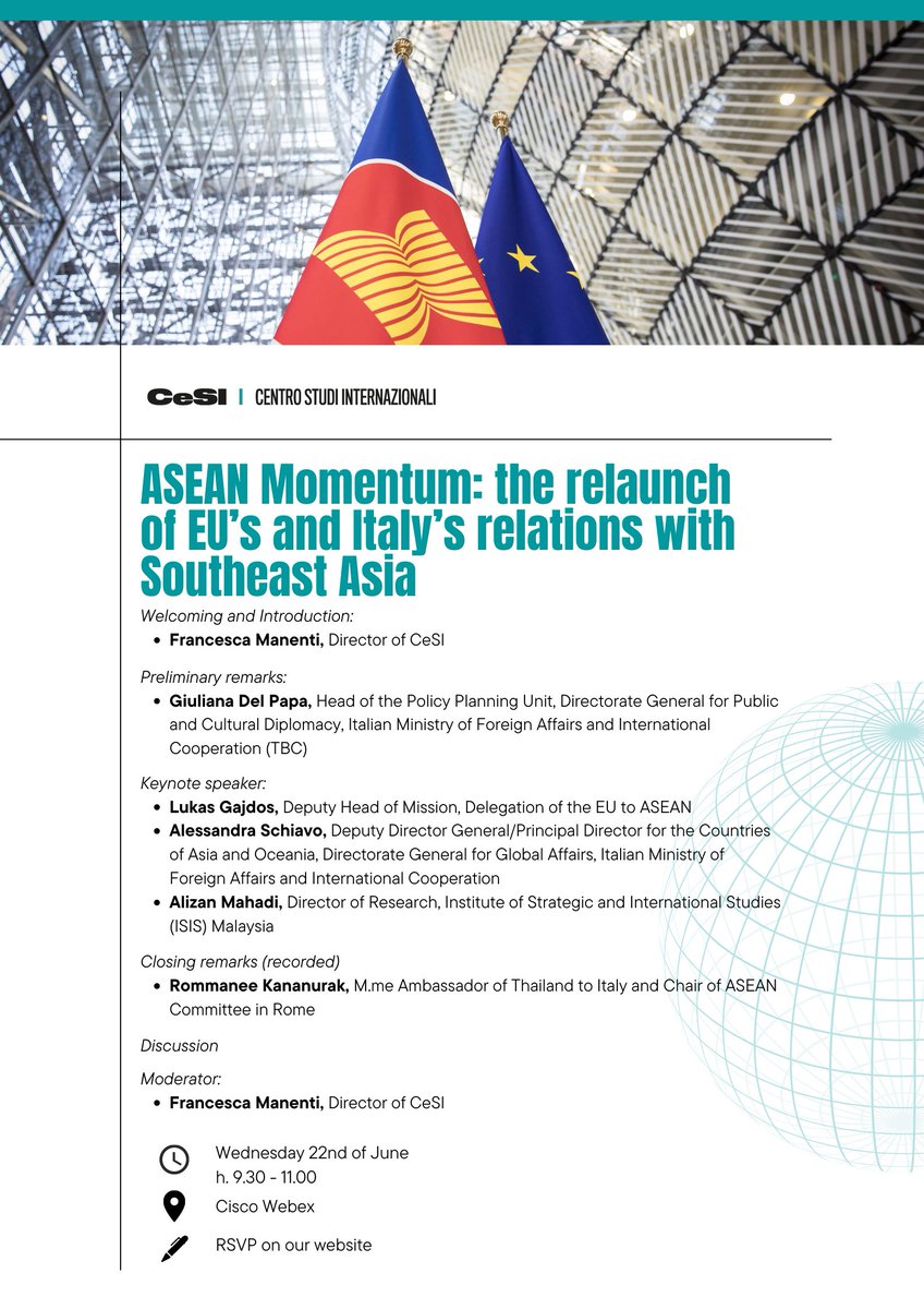 CentroStudiInt's tweet photo. 📣 "#ASEAN Momentum: the relaunch of #EU’s and #Italy’s relations with #SoutheastAsia"

🗓️ Wednesday 22nd of June
🕰️ 9.30-11.00 (CET)
📍 Cisco Webex

RSVP 👉: https://t.co/pYtHrIWqdN https://t.co/CBPEeqP35K