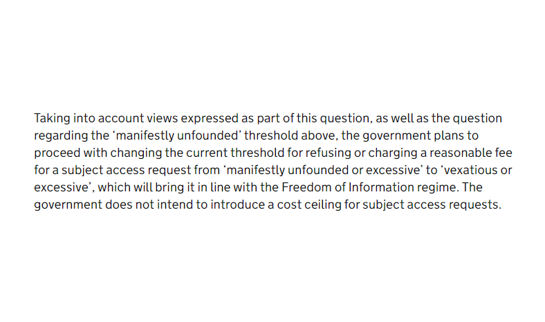 owenboswarva's tweet photo. No significant changes related to subject access requests. https://t.co/eHBIGs274p #DataReformBill #datareform #subjectaccess #dataprotection
So, no re-introduction of fees, or capping of costs. There's a minor change to the threshold for refusing or charging a reasonable fee. https://t.co/t1pUaHiFmx