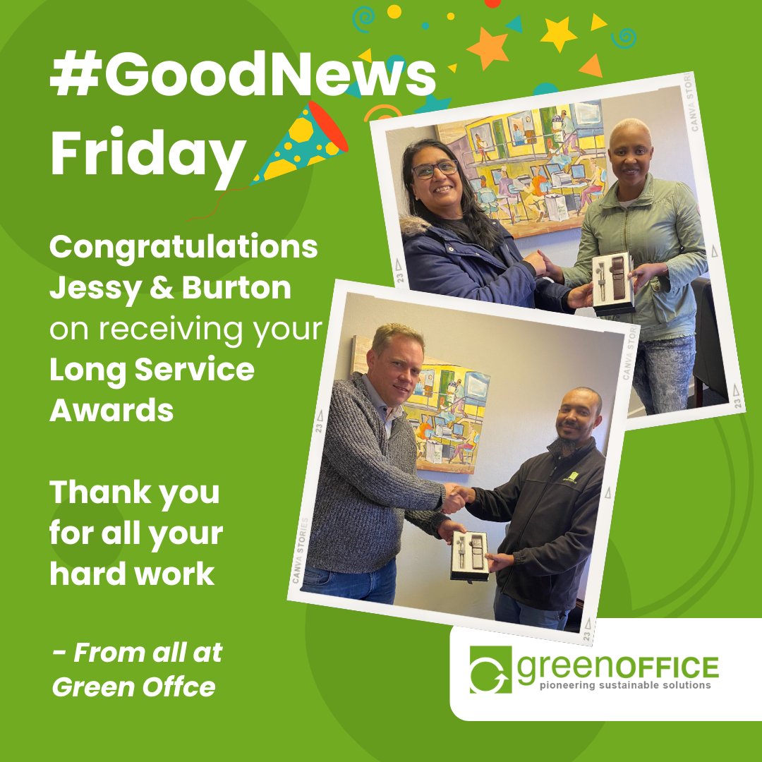 This week we are celebrating Jessy and Burton who received Long Service awards for their dedication to Green Office over the last 5 years.

Thank you Jessy and Burton for all your hard work.

#GreenOffice #LongServiceAward #Team #Motivation #WorkFamily