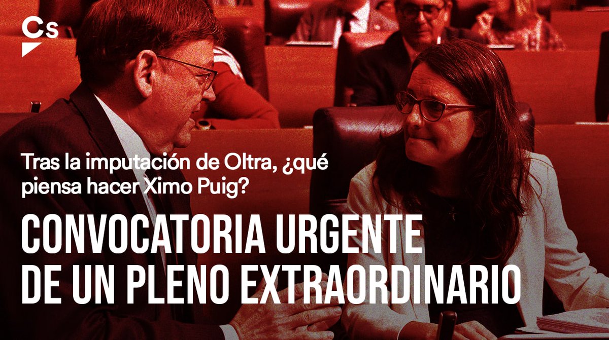 CsCValenciana's tweet photo. ❌ Tras la imputación, Mónica Oltra todavía no ha dimitido
❌ Tras la imputación, Ximo Puig todavía no la ha cesado

⚠️ Cs pide un Pleno urgente y extraordinario en Les Corts para saber qué piensa hacer el President para dejar de denigrar la imagen de la Comunitat.

#OltraVeteYA https://t.co/4fNnj2a9iy
