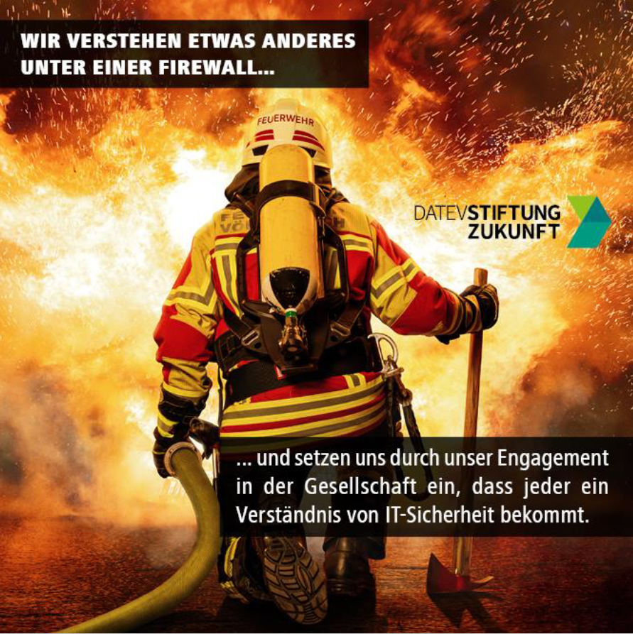 datev_stiftung's tweet photo. Was kommt Euch beim Begriff Firewall als erstes in den Kopf? Feuerwehrleute, die sich den Flammen in den Weg stellen? 

Uns geht es aber um #Datenschutz und #ITSicherheit. Mit unseren Förderpartnern arbeiten wir daran, dass diese Felder in das Bewusstsein der Menschen gelangt. https://t.co/tfaltkomrr