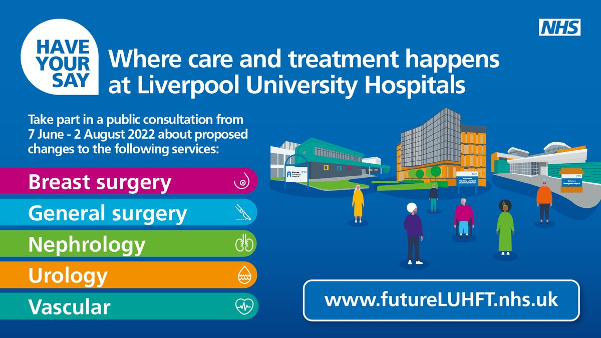 _OneLiverpool's tweet photo. The NHS wants to hear your views about proposed changes to five Liverpool University Hospitals services.
Online events are taking place from 20-29 June where you can learn more about the proposals and have your say.
Sign up now ➡ https://t.co/5cJmE3gviA
#futureLUHFT https://t.co/CfkzugVBZI