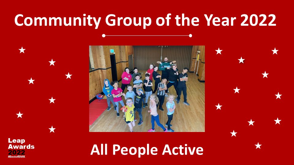 AllPeopleActive's tweet photo. What a great evening celebrating winning Community Group of the Year at the @Leap_BMK Awards! Huge thanks to @Leap_BMK for supporting us over the years! Let's Go! #APAWay #RemovingBarriers #MKMovers #ActiveHealthyHappy #MiltonKeynes #GetUpGetOutGetActive https://t.co/tcCQiCSf01