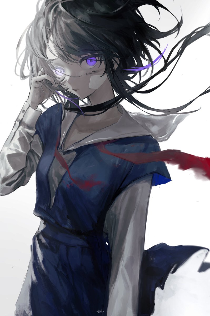 1girl solo purple eyes black hair school uniform white background heterochromia  illustration images