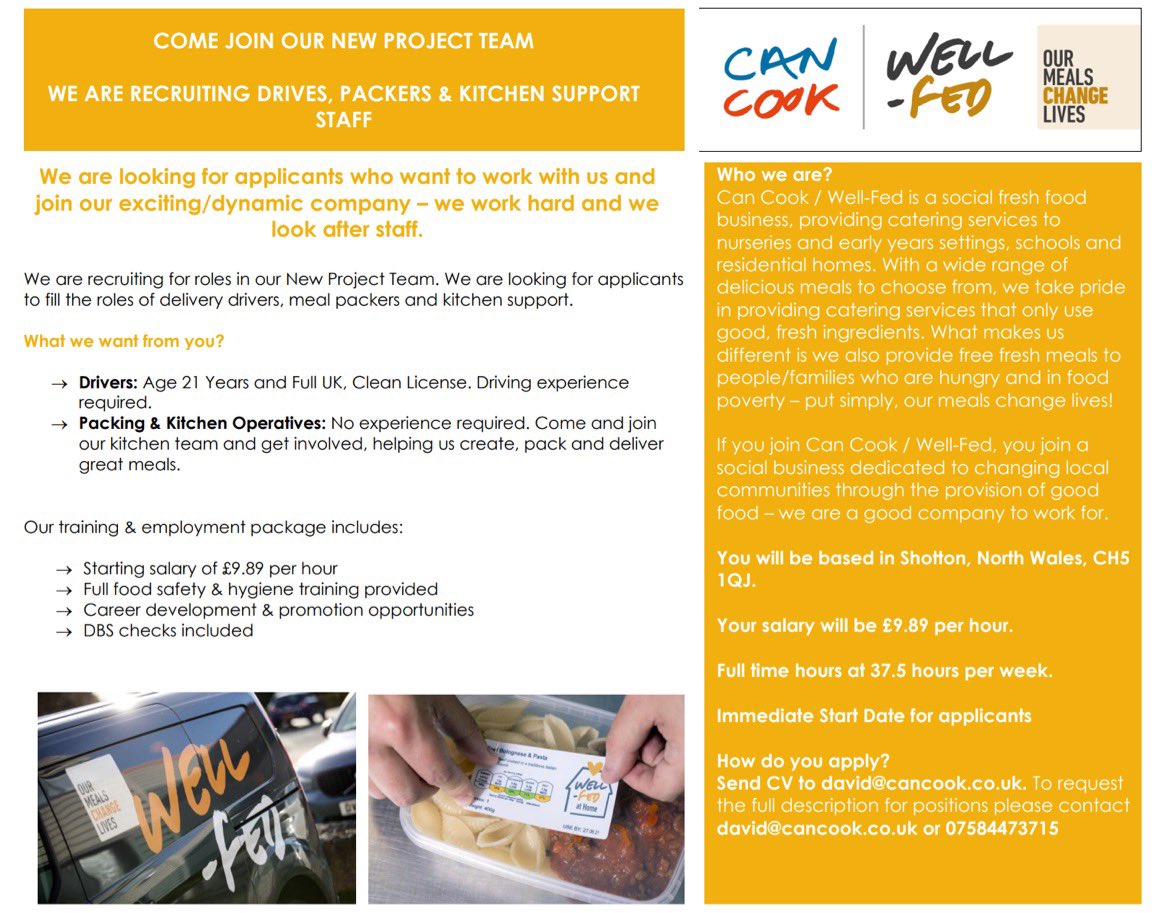 CanCookWellFed's tweet photo. 🗣 We’re recruiting ! !  🗣

We’re looking for packers, drivers and kitchen assistants to join our team in North Wales! 

Please email your CV’s to david@cancook.co.u.k or message us here directly for more details!
 
#werehiring #recruitment #Recruiting #jobsearch #northwales https://t.co/Ngtpwd9NIO