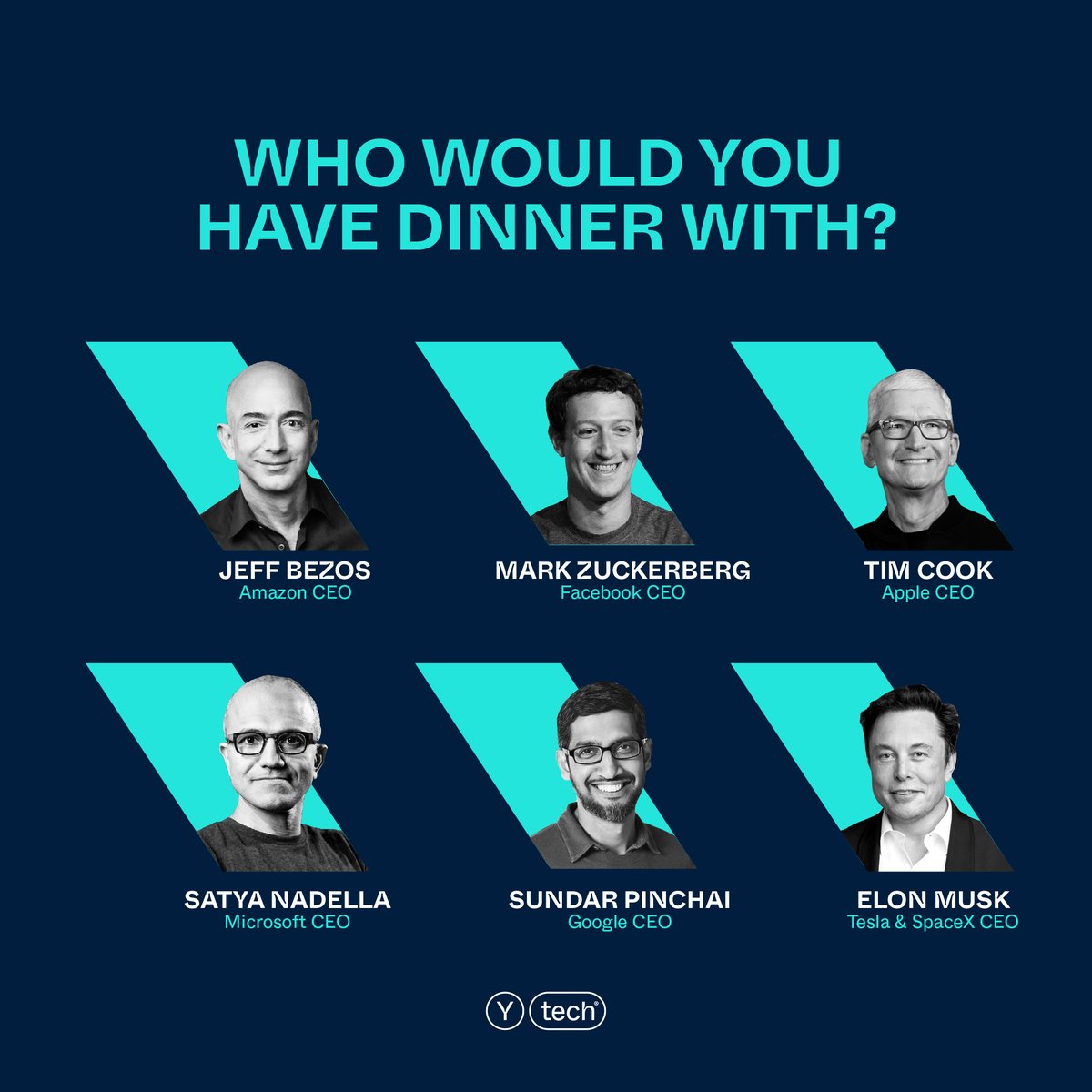YtechInnovation's tweet photo. 🍴If you had the opportunity to have dinner with one of the most influential people in tech, who would it be with?
#ytech #influentialpeople #tech #it https://t.co/yzmfqr2csB