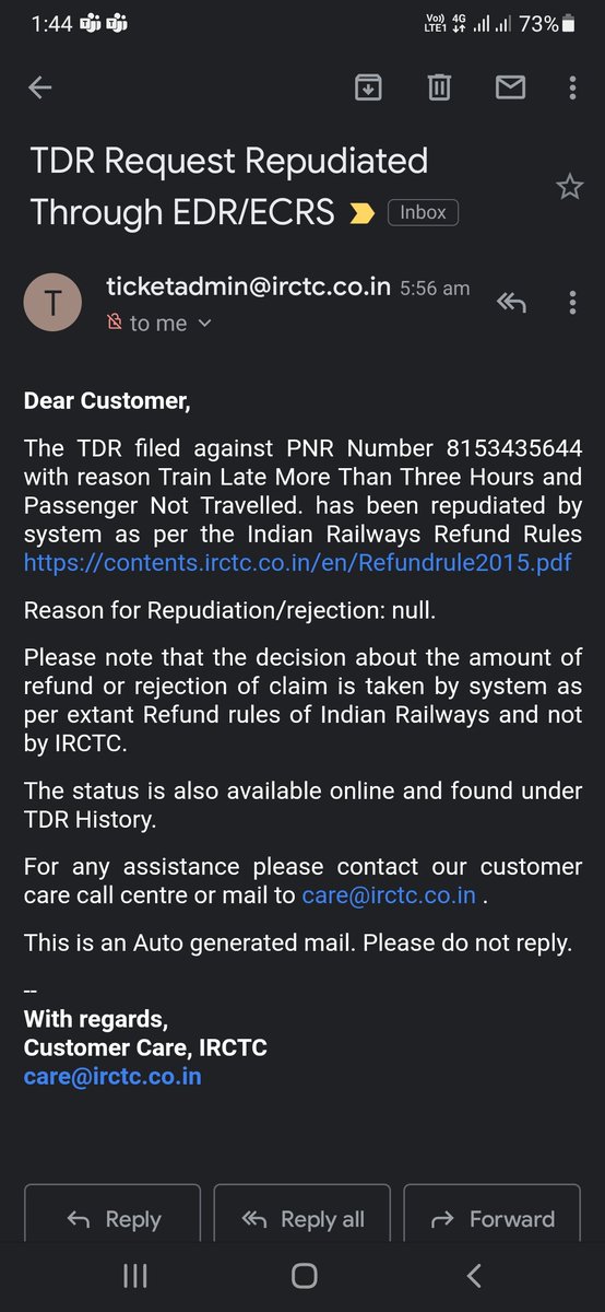 jsibasis's tweet photo. The train was 8 hours late. So I didn't travel and asked for a refund and filed a TDR. 

PNR- 8153435644

@RailMinIndia , 

They have cancelled my TDR
, may I know the reason? https://t.co/569dLmYSds