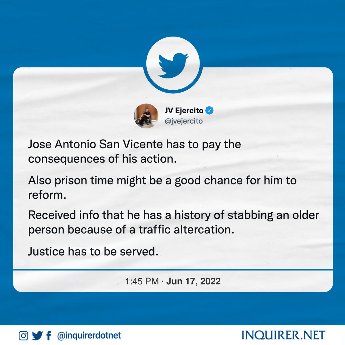 inquirerdotnet's tweet photo. ‘JUSTICE HAS TO BE SERVED.’

Senator-elect JV Ejercito reiterated that SUV driver Jose Antonio Sanvicente that hit then ran over a security guard in Mandaluyong City, has to “pay the consequences of his action.”

RELATED STORY: https://t.co/8V4JSSMapK https://t.co/j1V9gYd7Ze