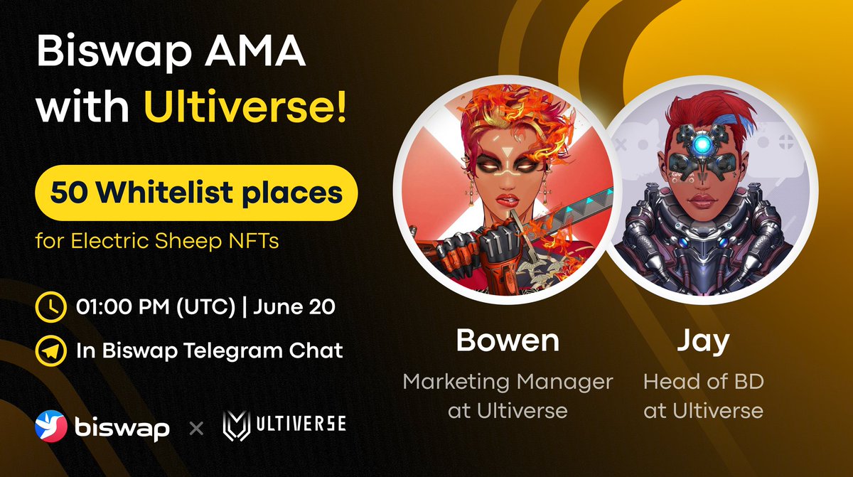 Biswap_Dex's tweet photo. 🔈Biswap AMA with Ultiverse!🔈   

🏆3 Whitelist places for Electric Sheep NFTs
⏰01:00 PM (UTC), June 20
📍https://t.co/wNZDzmkzxJ
 
1️⃣Follow @Biswap_Dex &amp; @UltiverseDAO
2️⃣Like and retweet this post
3️⃣Ask in comments &amp; add BEP-20 wallet
 
Details:
https://t.co/2jbGLchygH https://t.co/xk1SUhQw0G