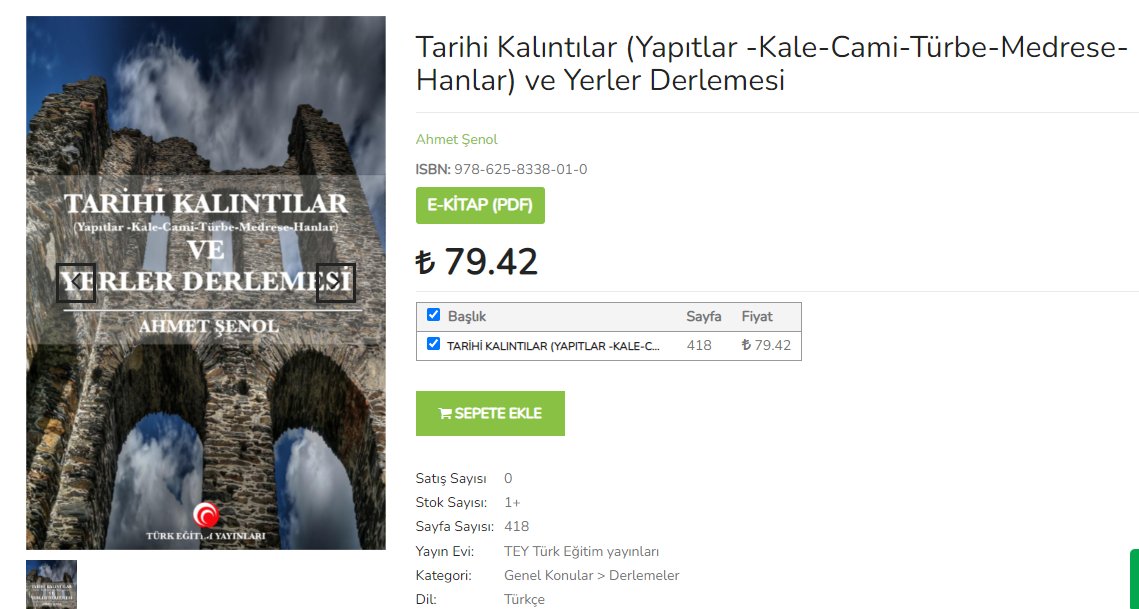 YENİ NESİL YAYINCILIK
Bölümlü ve POD opsiyonlu elektronik kitap dağıtım portalı: talebe.com
"Tarihi Kalıntılar ve Yerler Derlemesi" ' TEY Yayınlarından e -kitap olarak yayınlandı. Sitemizden ulaşabilirsiniz. talebe.com/.../tarihi-kal…