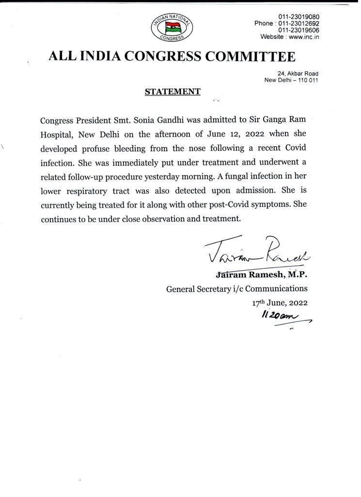 ANI's tweet photo. Congress President Sonia Gandhi is currently being treated for a fungal infection detected in her lower respiratory* tract, along with other post-COVID symptoms. She continues to be under close observation and treatment: Congress party issues a statement https://t.co/YS1C4hw9j4