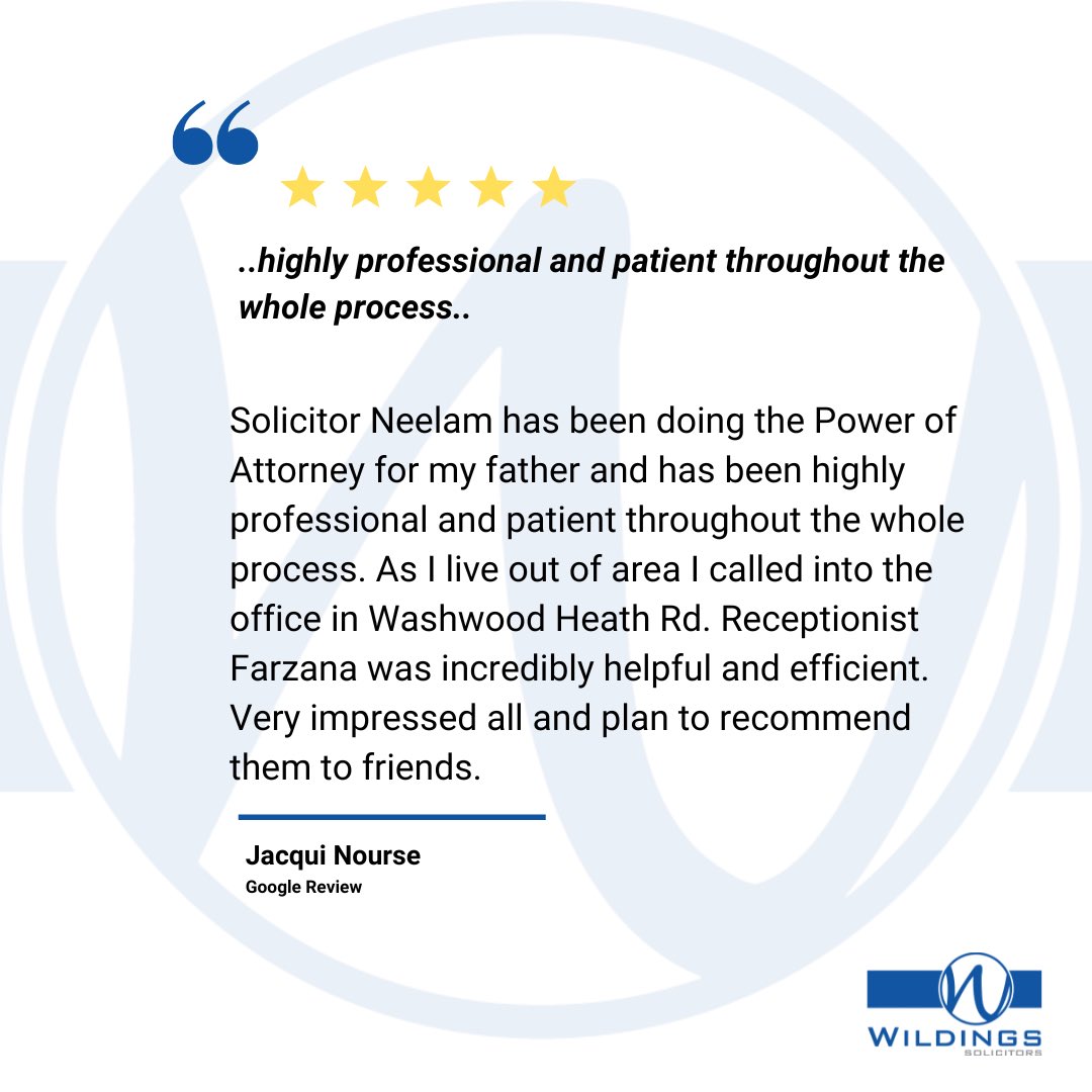 Another great review for our partner Neelam Afzal and Team Wildings 👏👏

If you have any legal issue then don’t hesitate to contact us.

Call/email us today and see how we can help you.

📞 01217862555
📧 info@wildings-solicitors.co.uk

#clientreview #FeedbackFriday