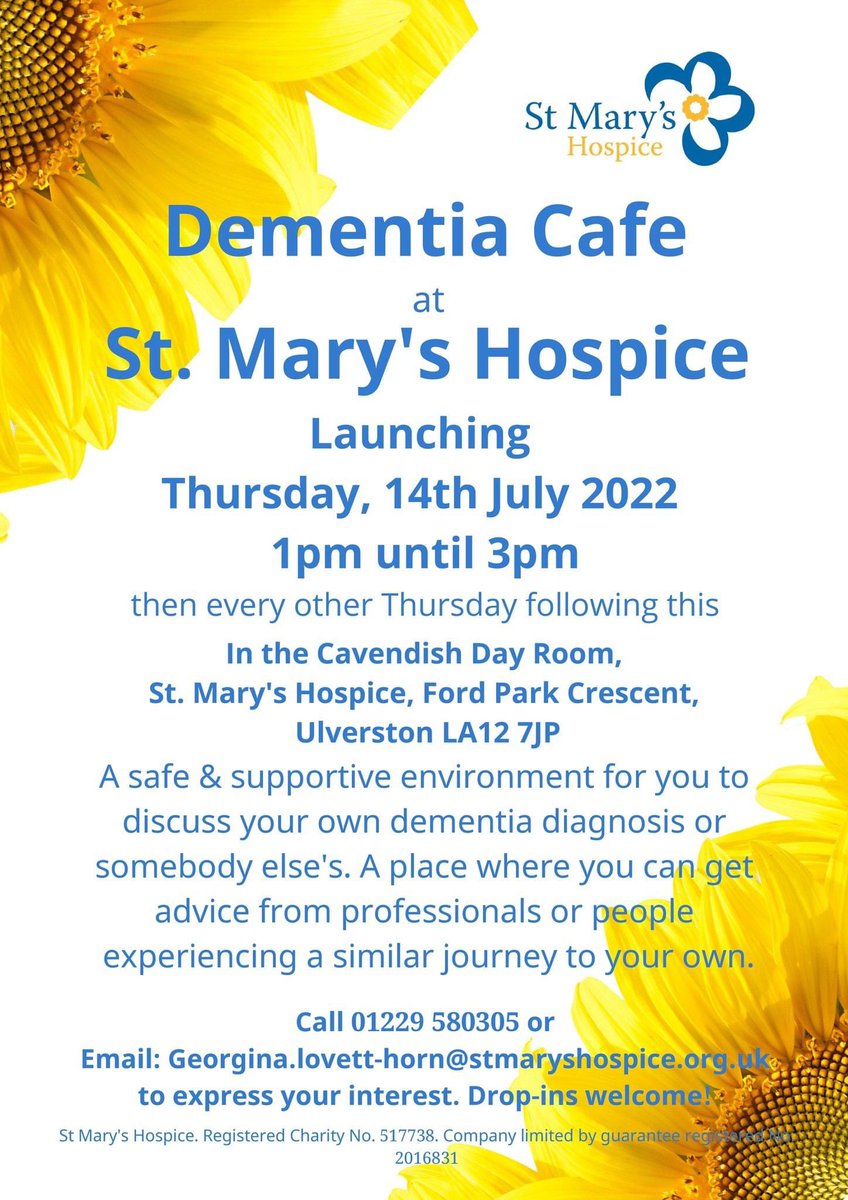 Finally! It’s happening! A dementia café is being launched at @stmaryshospice with support from @FurnessCarers - open to anyone affected by dementia. Please share far and wide! 💙💛 @DementiaUK #DementiaCafe #StMarysHospice #AdmiralNurse #DementiaUK #FurnessCarers