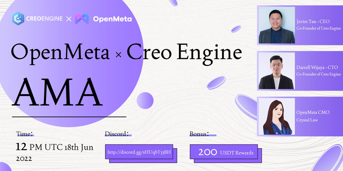 OpenMeta_NFT's tweet photo. 🎉Join our next #AMA with #Creo - @creo_engine over "#FREE Mint NFTs" & "#Stake to Mine"!
🧑🏻💻 Javier Tan - CEO & Co-Founder, Darrell Wijaya - CTO & Co-Founder of Creo Engine
🕙 12:00 (UTC) on Jun 18th
🌆 https://t.co/28wtHj5GyG
🤑💸: $200 $USDT
#AMA #OpenMetaNFT #OpenMetaAMA https://t.co/TN9mPev1dP
