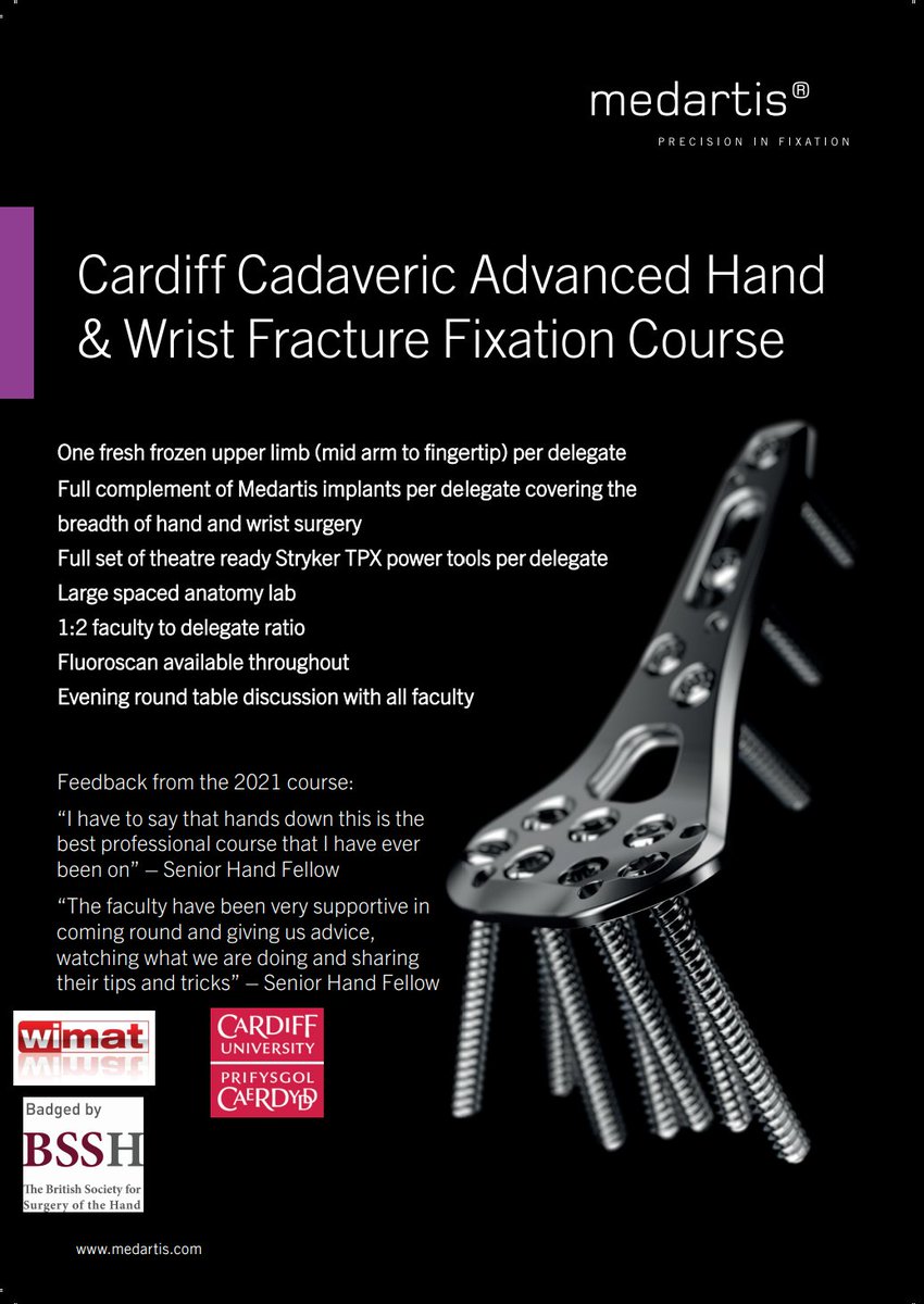 Medartis_UK's tweet image. 📢Calling all Senior ST7/8 Registrars &amp;amp; post-CCT Fellows📢

We have limited amount of spaces available for the renowned Cadaveric Advanced Hand &amp;amp; Wrist Fracture Fixation course - an opportunity not to be missed!

#medartis #cadavericcourses #handandwrist #BSSH #cardiffuni #wimat