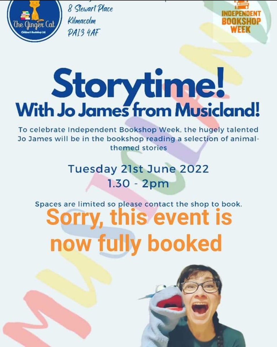gingercatbkshop's tweet photo. Thanks so much to everyone that contacted me to book a space with Jo 💖 We are now fully booked for this event 😊

 #jojames #storytime @booksaremybag #indiebookshopweek  #childrensbookshop #kilmacolm https://t.co/eRxk6R7PK4
