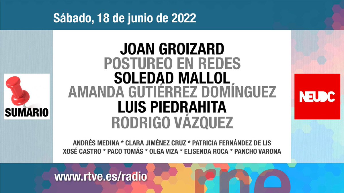 ⭕ Mañana SÁBADO, 18/06/22 
 
INVITADOS | 👥 

☕<a href="/j_groizard/">Joan Groizard.</a> 
📱<a href="/AAradilla/">Alicia Aradilla</a>
📱#AnaBelénMedialdea                    
🎙<a href="/SoledadMallol/">Soledad Mallol</a>   
🔬<a href="/XRBustelo/">Xose R Bustelo</a> (@CICancer_com)
⚽<a href="/Amanda91G/">Amanda Gutierrez Dominguez</a> (<a href="/futpro_es/">FUTPRO</a>) 
🪄<a href="/PiedrahitaLuis/">Luis Piedrahita</a>
📺<a href="/_rodrigovazquez/">Rodrigo Vázquez</a>