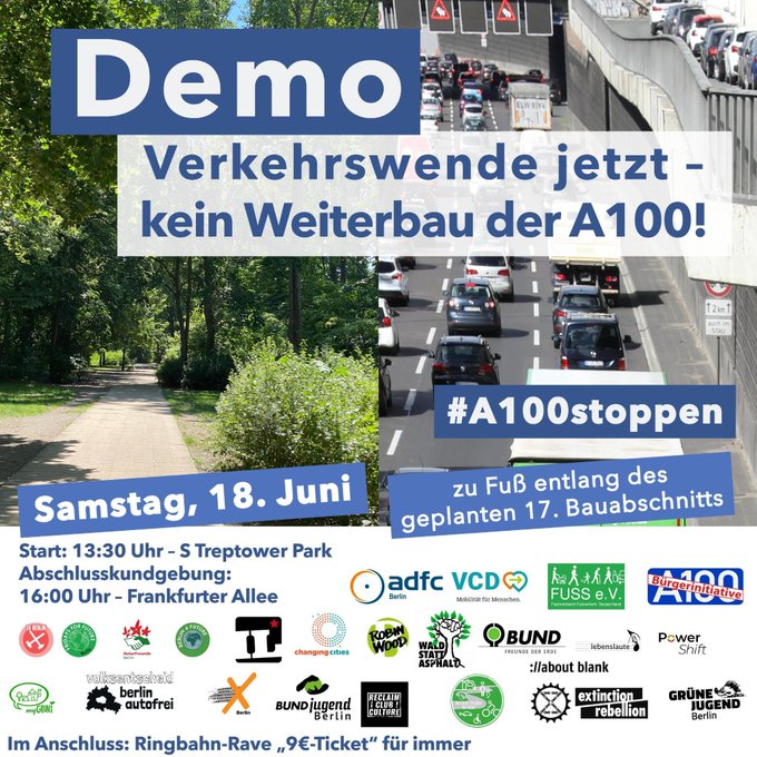 Berlin ohne A100-Weiterbau: 🚴🏃‍♀️🧑‍🦯🌳🏠🌈🎶
Berlin mit A100-Weiterbau: 🚙🚗🚛🚚🚙🚗💨

Gemeinsam für ein lebenswertes Berlin!
#A100stoppen 

Samstag, 18. Juni
Start 13:30 h S Treptower Park