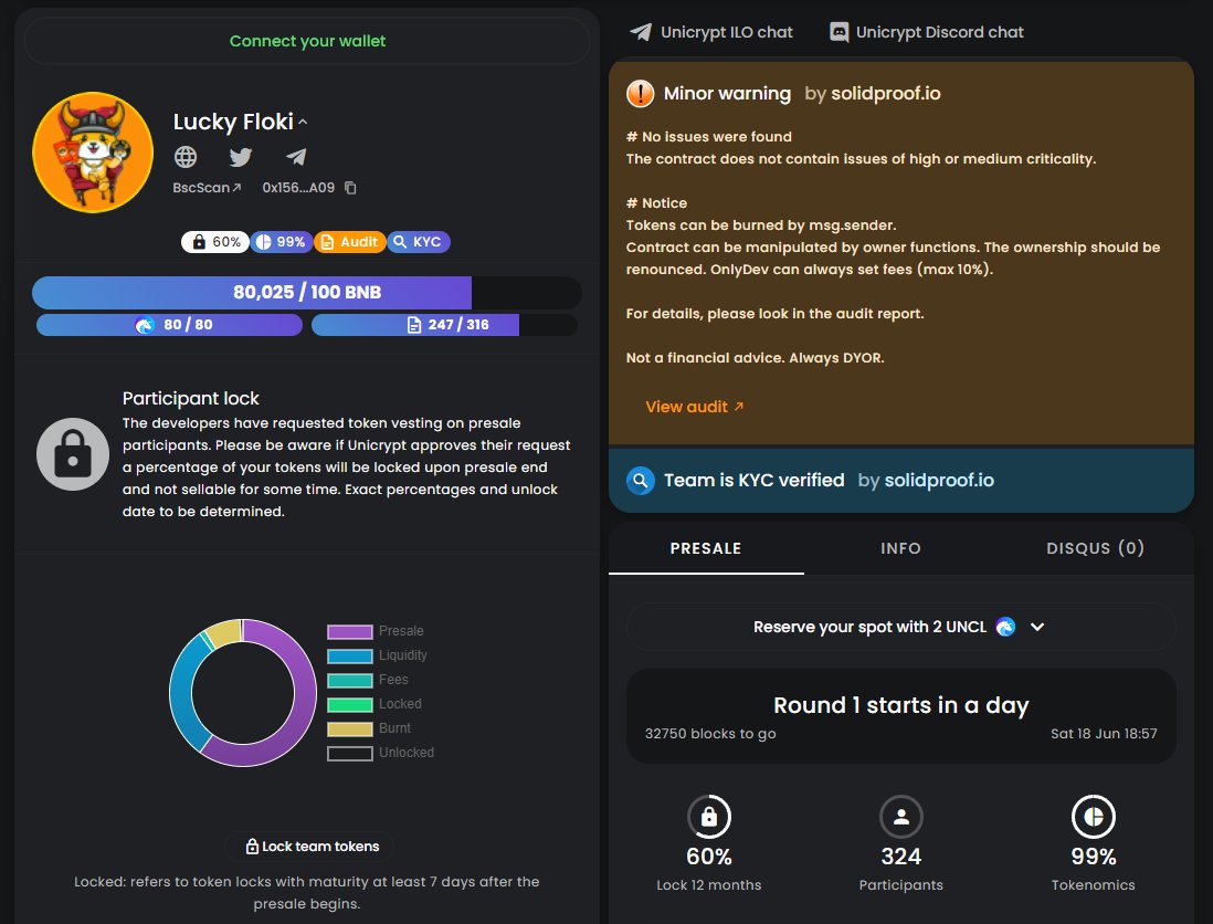 🎉 Congratulations, LUCKY FLOKI $Lfloki has been KYCed &amp; Audited by SOLIDPROOF ! ! !

✅ Github: github.com/solidproof/pro…

📌Presale Link: app.unicrypt.network/amm/pancake-v2…

✅ Contract: 0x15681938b019D463e06715142e48538e496BCA09

Telegram: t.me/luckyflokiglob…
#LFLOKI #1000x #MOON